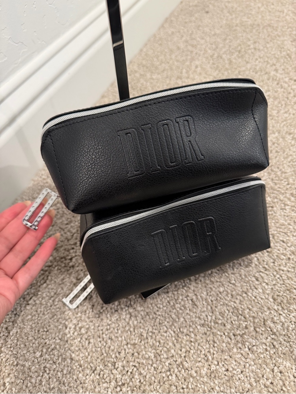 Dior Black Embossed Leather Zip Pouch Set - Picture 3 of 3